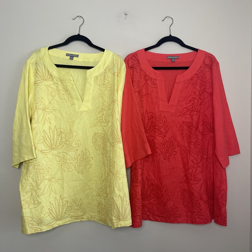Jessica London Linen Blend Bundle Yellow & Coral Embroidered Tunics‎ Lightweight